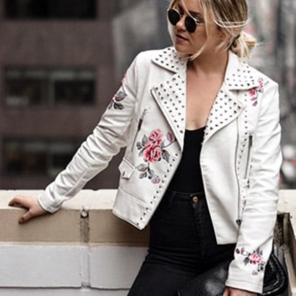 White Floral Moto Jacket
